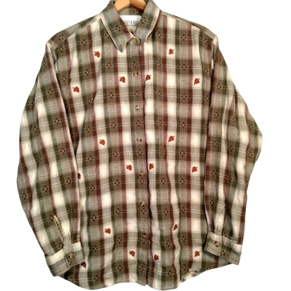 Casey & Max Tops - Vintage Casey And Max Blouse Women L Brown Plaid Embroidered Leaf Leaves Fall